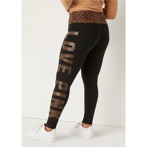 PINK Victoria's Secret Pants - PINK Victoria’s Secret Love Pink Leopard Foldover Waistband Black Gym Leggings M